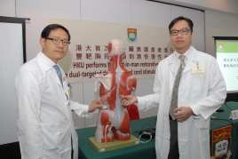Professor Tse Hung-fat (Left), William MW Mong Professor in Cardiology and Chair professor of Department of Medicine, and Dr Cheung Chi-wai (Right), Clinical Associate Professor of Department of Anaesthesiology, Li Ka Shing Faculty of Medicine, HKU illustrate how the dual-targeted thoracic spinal cord stimulation works.